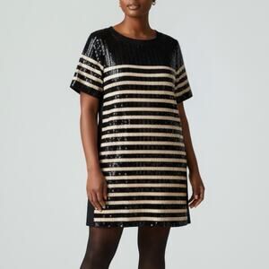 Per Se Black and Gold Striped Midi Dress